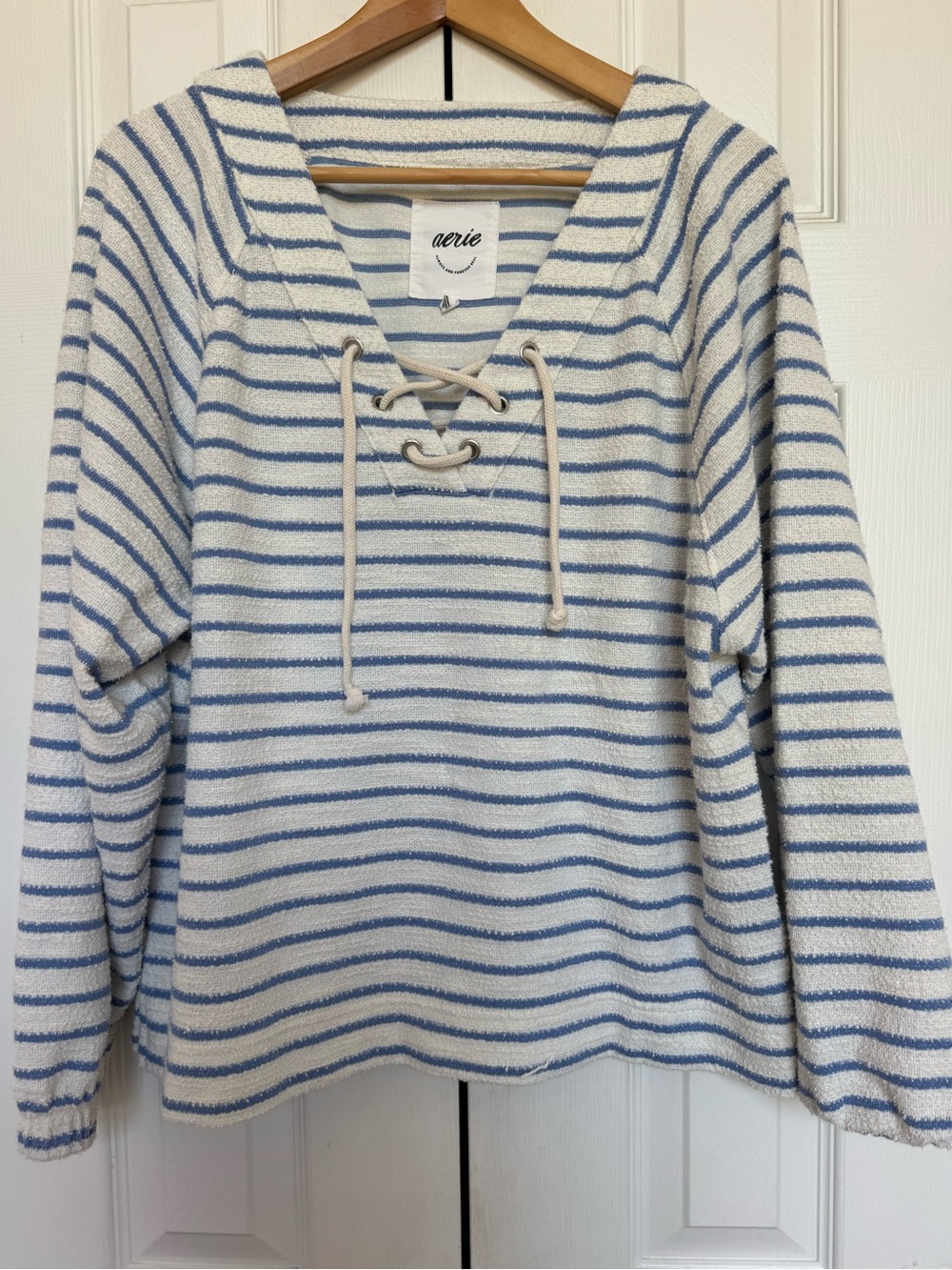 Aerie Blue & White Striped Lace-Up Knit Top - Size